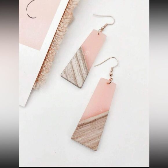 Wooden Geometric Drop Earrings - Picture 4 of 11